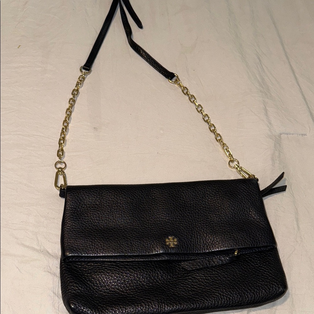 Tory Burch Black Leather Crossbody Bag with Gold Chain